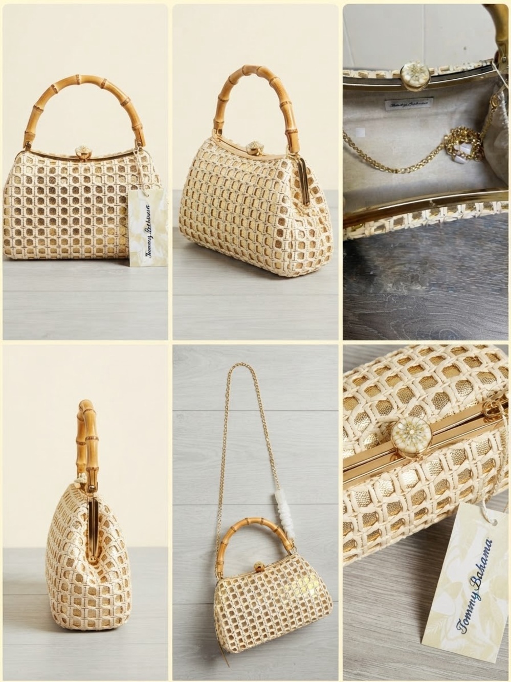 NWT Tommy Bahama Bamboo Handle Woven Gold White Clutch Crossbody Bag YG91571